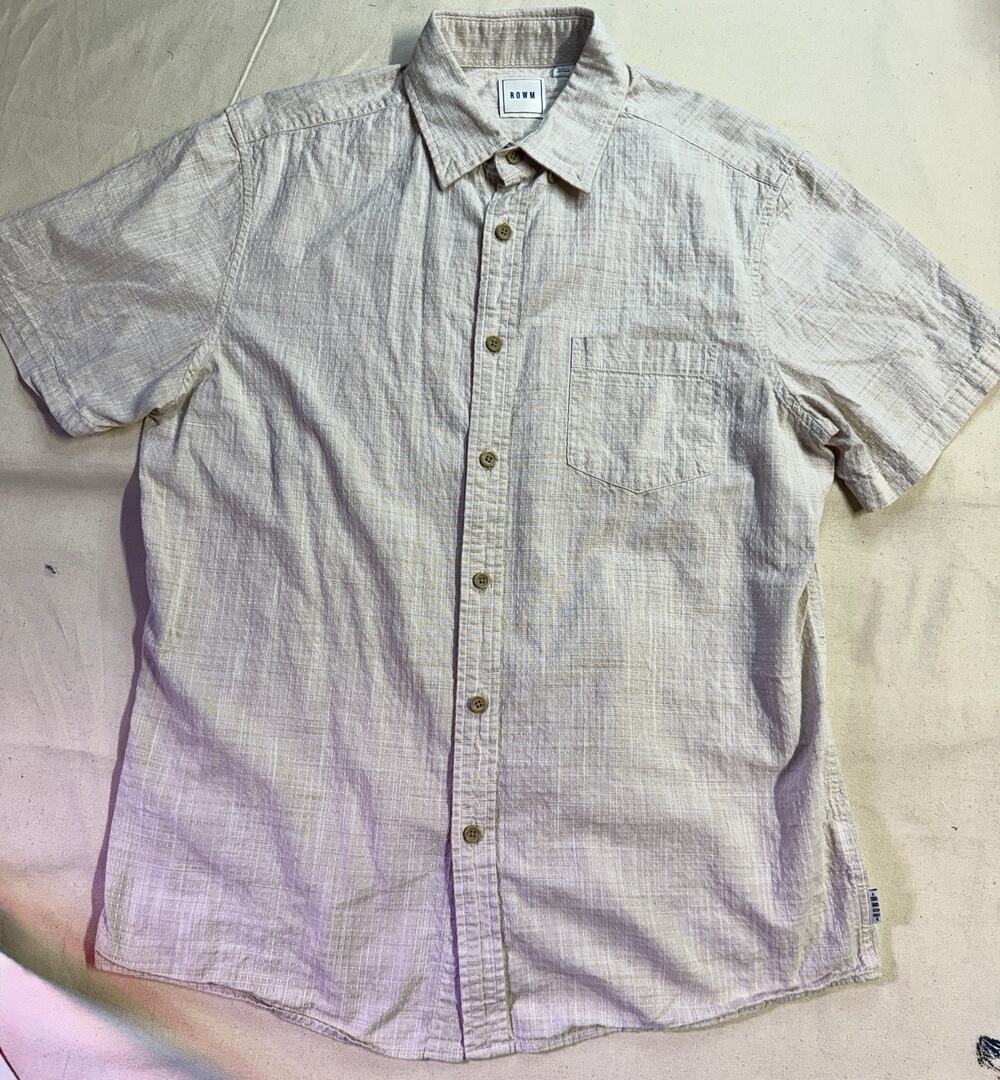 ROWM Men’s Beige Textured Cotton Button Front Camp Casual Shirt Beach L (B10)